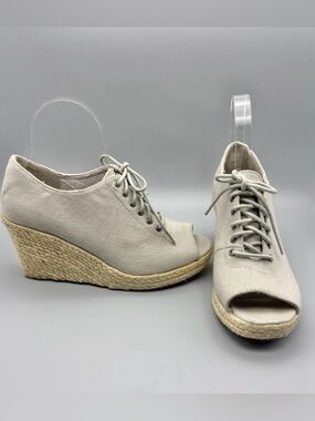 J Jill Bruno-07 Khacki Canvas Peep Toe Lace-Up Espadrille Wedge Sandals Size 8